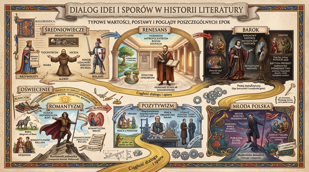 Typowe wartości, postawy, idee i poglądy w literaturze poszczególnych epok